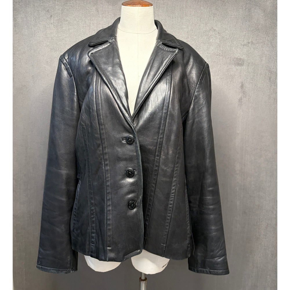 Vtg Y2K Jones New York Black Leather Blazer Womens XL Black Notched Lapel Jacket